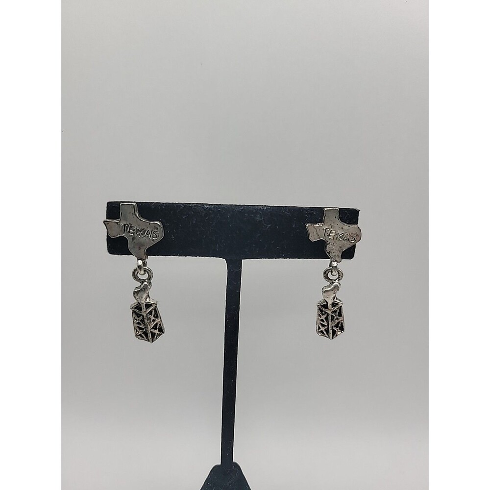 Texas State Earrings Oil Derrick Dangle Silver Tone Western Novelty Souvenir